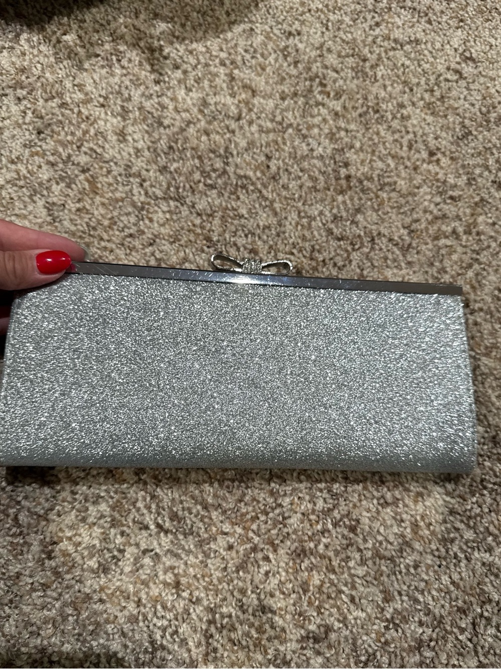 INC International Concepts Silver Glitter Clutch with Bow Detail